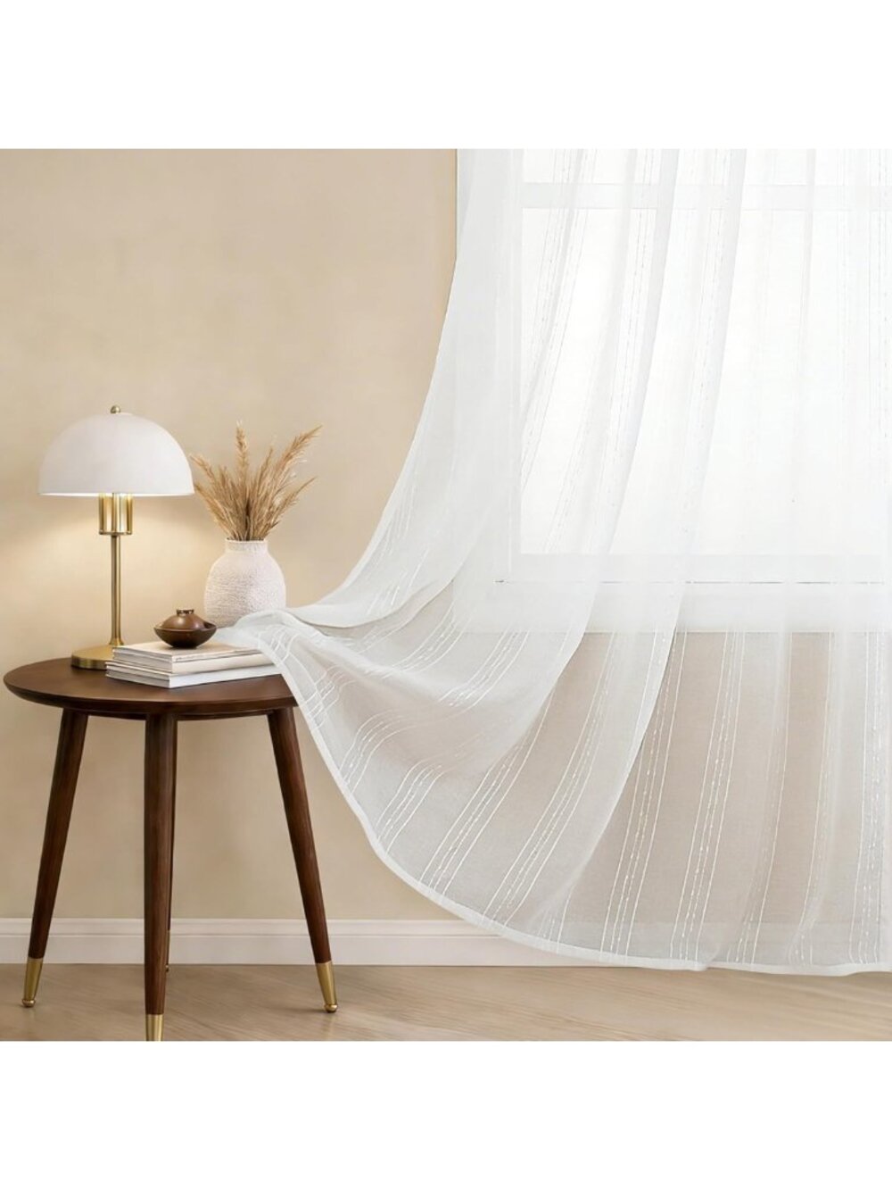 Creamy White Semi Sheer Curtains 52 x 84 Inches Long 2 Panels, White Striped